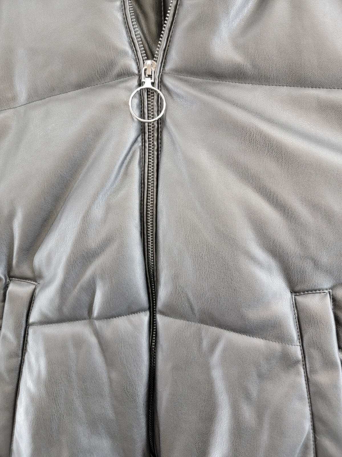 AQUA Faux Leather Full Zip Puffer Jacket Women's XL Black Solid Side Pockets L/S - Picture 9 of 16