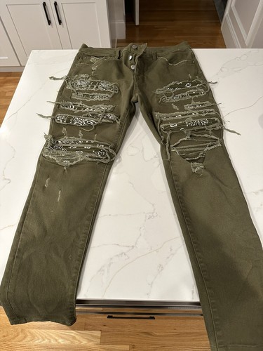 Amiri Denim MX1 Destroyed Green Skinny Jeans Authentic Mens