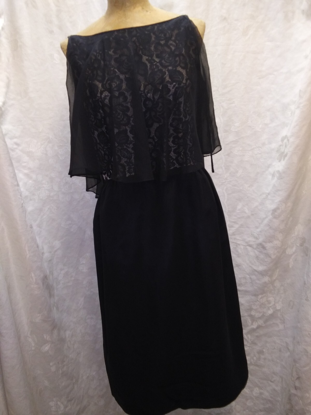 Vintage 1950's 60's Black Crepe Rayon & Chiffon Lace Cocktail Dress S/M View 6