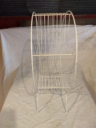 Vintage MidCentury Modern Round White Metal Plant Stand + steel wire rack atomic