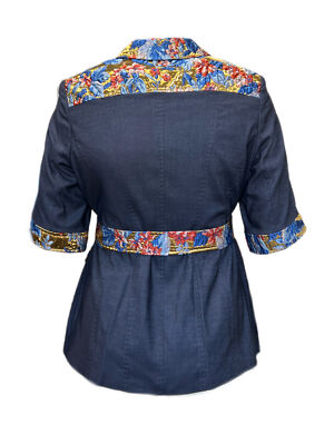 Pre-owned Marina Rinaldi Women's Navy Canto Button Down Short Sleeve Shirt In Blue