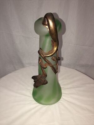 VINTAGE HAND MADE  ART GLASS VASE PROMINENT RUSTIC METAL COATED GREEN ''BULB'' #1