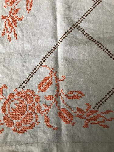 Vintage Cross Stitched Tablecloth 33 X 33