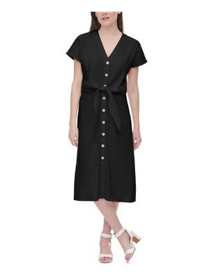 

CALVIN KLEIN Женское черное платье миди с короткими рукавами и V-образным вырезом, Черный