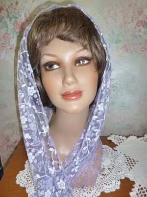 head covering, veil, mantilla  lace, pale purple floral with white and silver