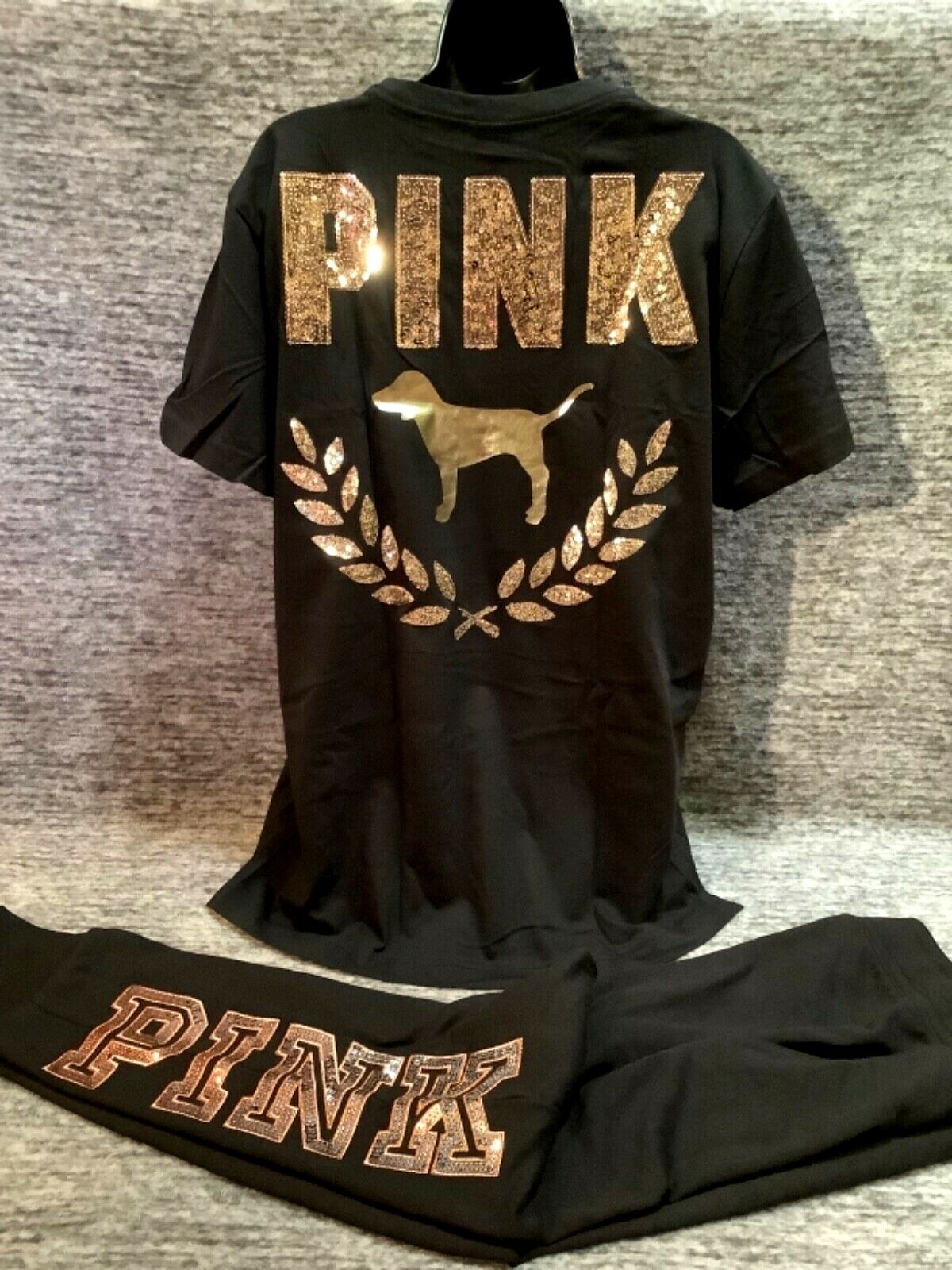 Pre-owned Victoria's Secret Pink Bling Campus Tee Shirt + Jogger Set Ombre Rose Gold L
