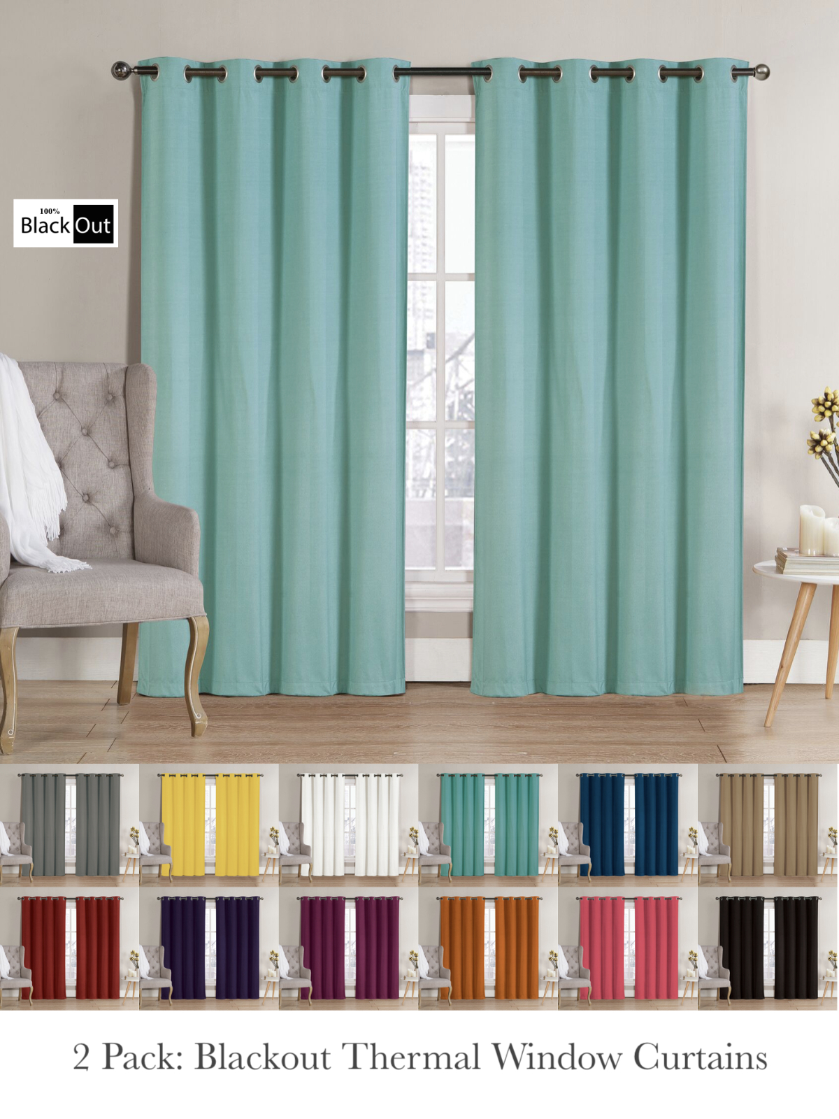 2 Pack: Hotel Thermal Grommet 100% Blackout Curtains - Assorted Colors & Sizes