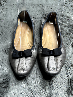 Salvatore Ferragamo Flats 5 Gray My Joy Ballet Silver Metallic Leather Bow  Women