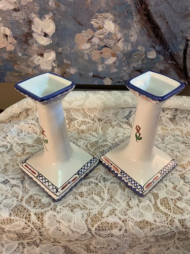 Tiffany & Company Hand Painted Porcelain Candlesticks w/ Blue, Green & Rust