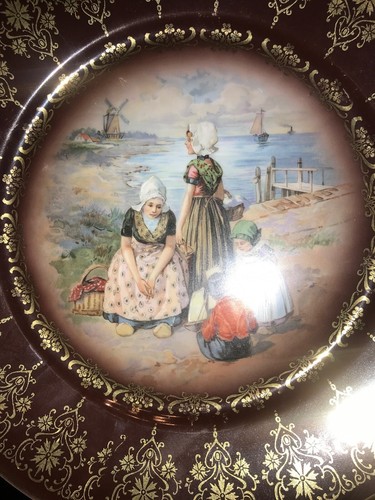 Antique Royal Vienna Hand Painted Plate Dutch Windmill Sail Boat Woman Children