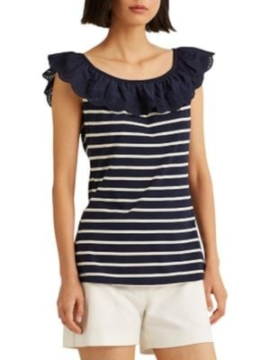 

LAUREN RALPH LAUREN Женский топ в темно-синюю полоску с открытыми плечами и рукавами, Navy