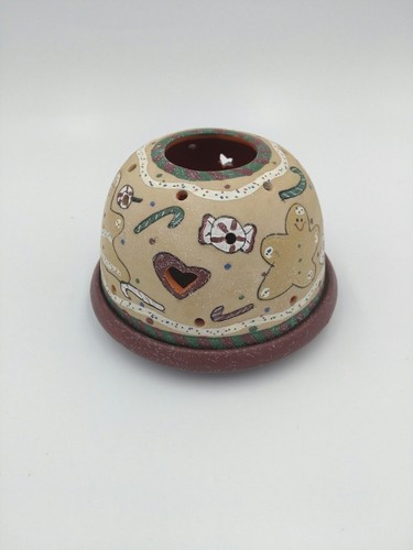 Gingerbread Candle Dome And Plate Set Tan Green Top