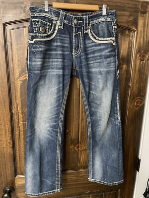 Rock Revival Ty Relaxed Straight Distressed Denim Dark Blue Jeans Men s 32 X 29