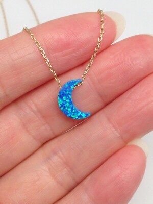 Blue Opal Moon Necklace 925 Sterling Silver Pendant 11mm(0.43'') 18'' Simulated