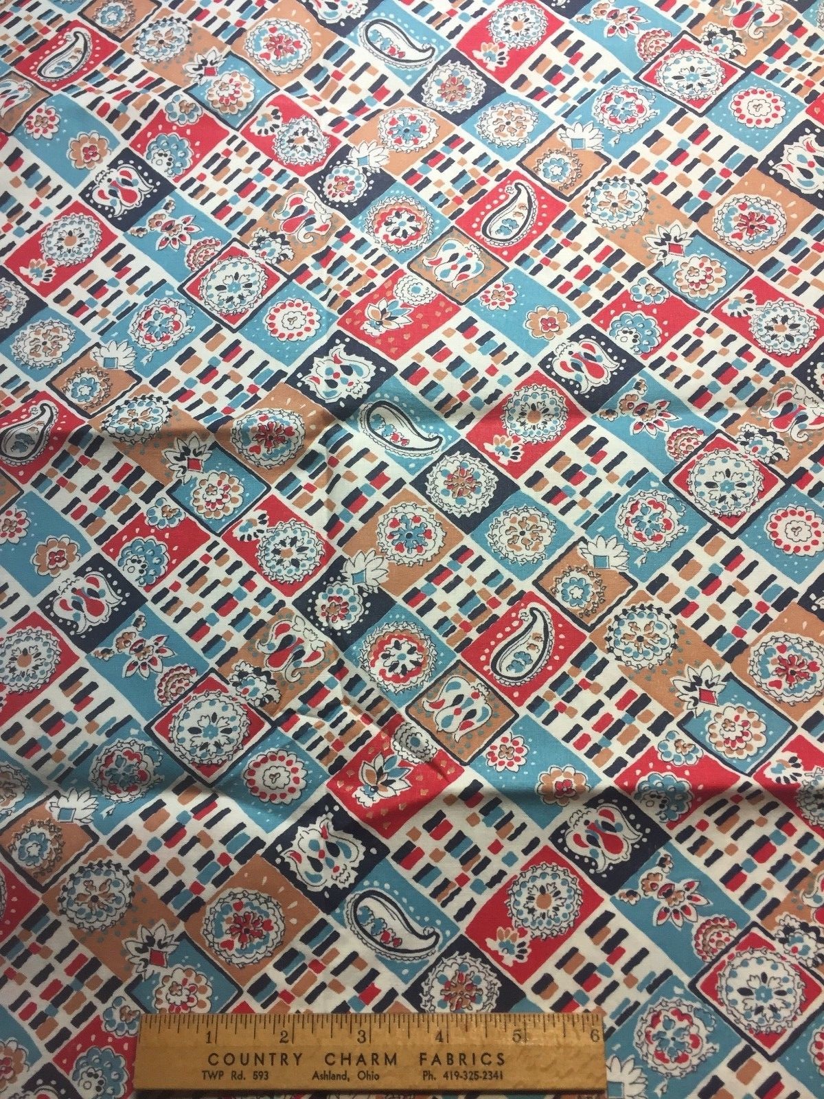 Vintage Cotton Feedsack Fabric 30s40s PRETTY Red White Blue Floral Squares  EXC
