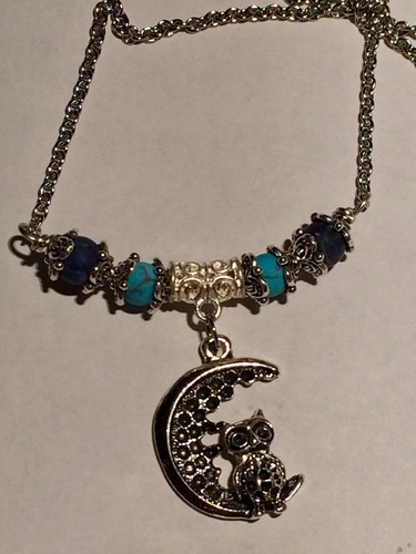 Owl On Moon Charm Necklace With Sodalite Stone Beads