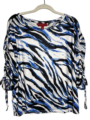 Jennifer Lopez Top Blouse Shirt Sleeves Black Blue White Ruched Sleeves Size M