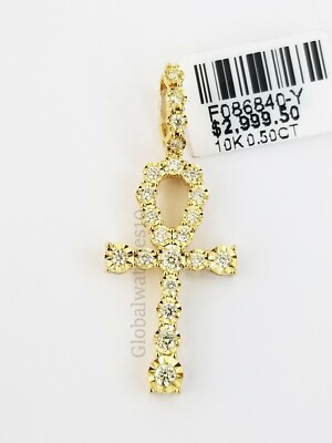 Pre-owned Globalwatches10 10k Yellow Gold 0.50 Ct Diamond Ankh Cross Men Women Charm Pendant 1.5" Realgold