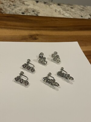 Lot Of 3 Silver Tone Screw On Non Pierced Earrings Rhinestone
