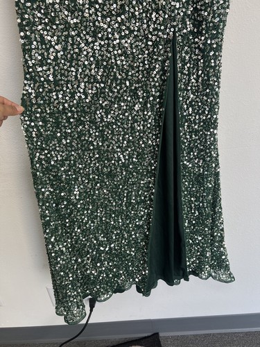 Pre-owned Mac Duggal Cap Sleeve Sequined High Slit V Neck Belted Gown Size 10 Green 5489