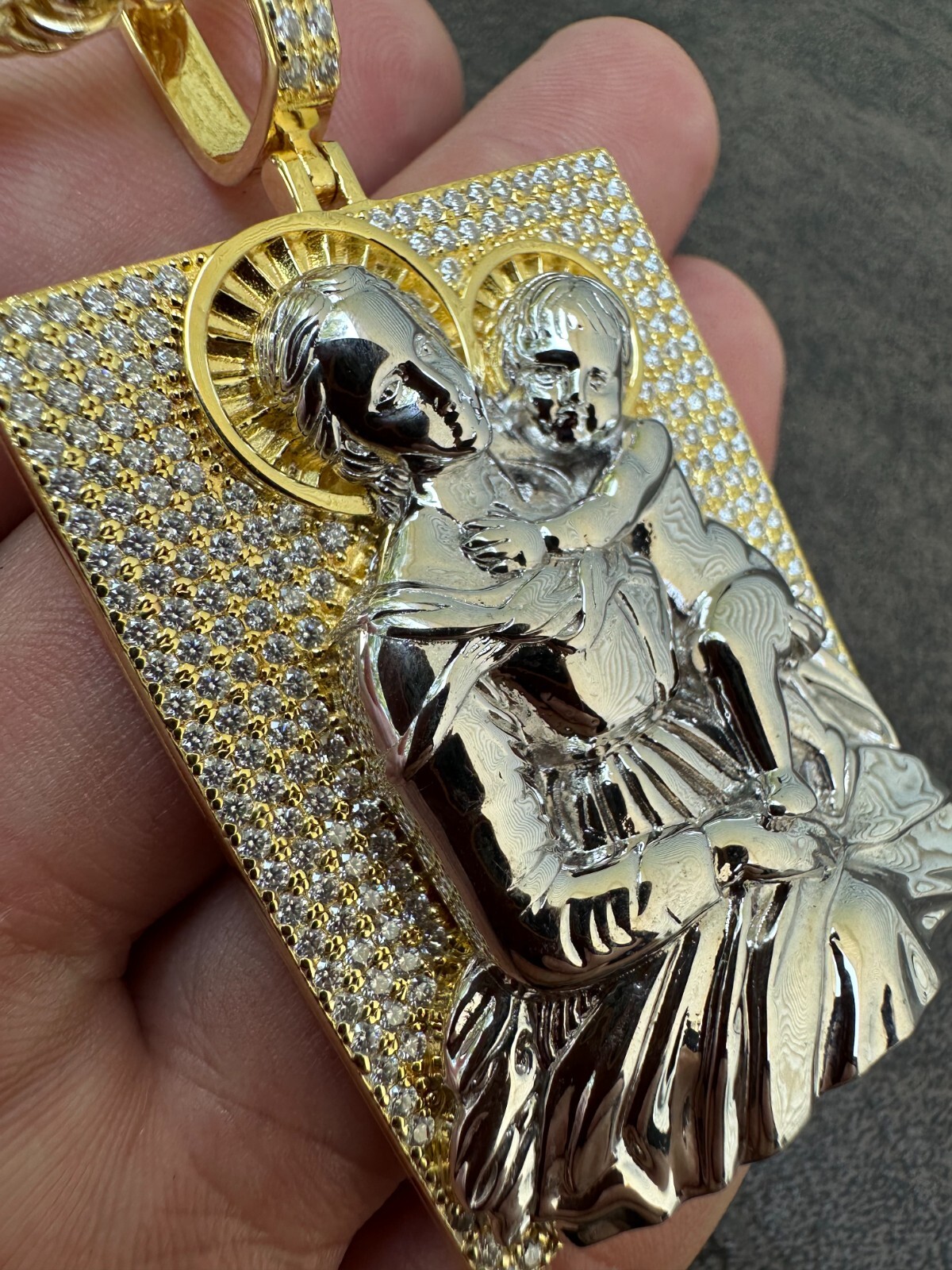 Pre-owned Harlembling Moissanite Virgin Mary Pendant Real 925 Silver Necklace Large 2.5" Ice Out Piece In White