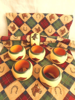 Vintage Western Cowboy Napkins & Rings Set of 6 Horse Shoe Freshly Washed NICE