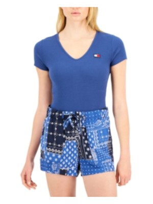 TOMMY JEANS Женский синий боди с короткими рукавами и застежкой на кнопках, топ XXS