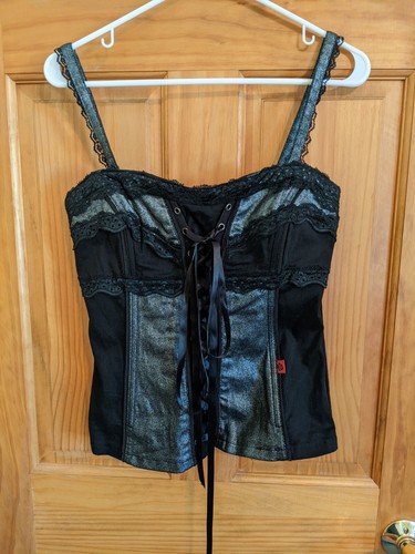 tripp nyc goth black and metallic lace up/ zip corset top