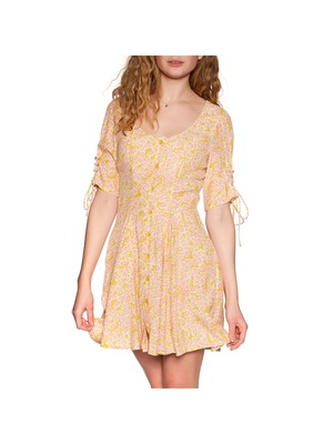 

Женское желтое мини-платье FREE PEOPLE с коротким рукавом и круглым вырезом + расклешенное платье, Желтый