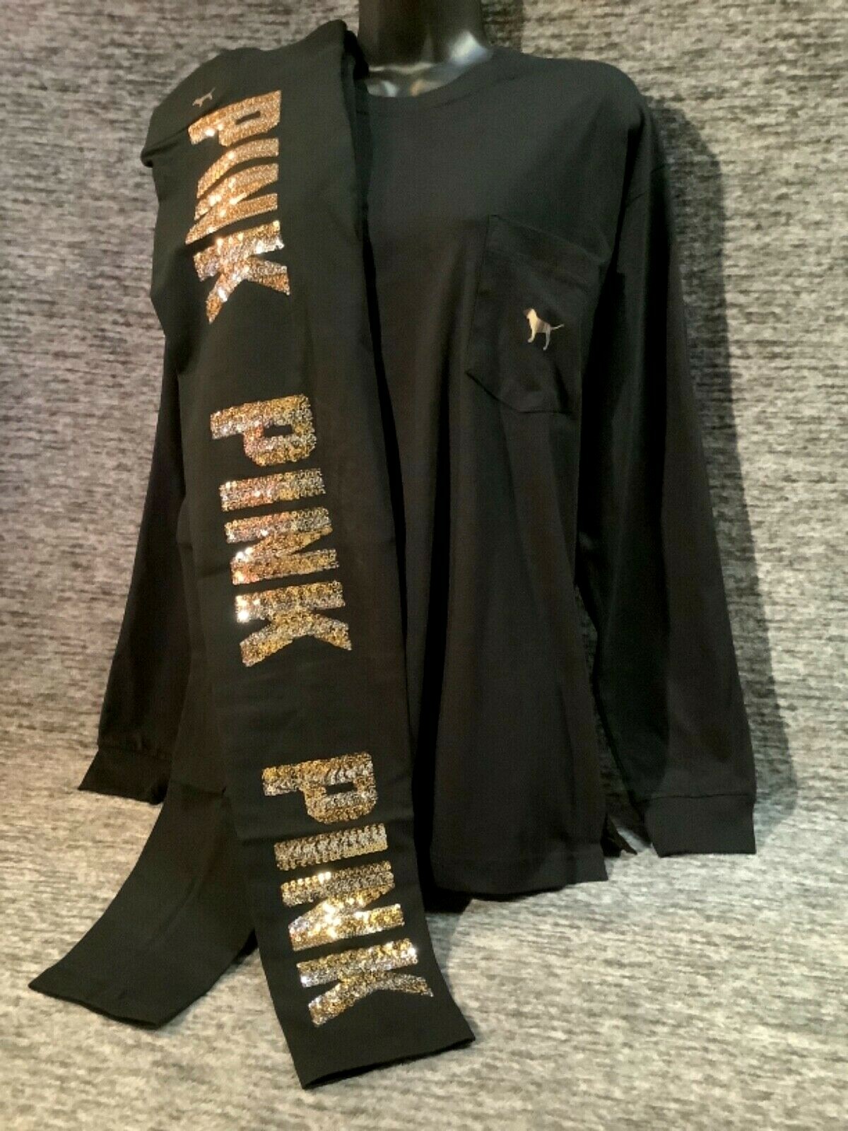 Pre-owned Victoria's Secret Pink Bling Campus Tee Shirt + Leggings Set Black Dog Logo M