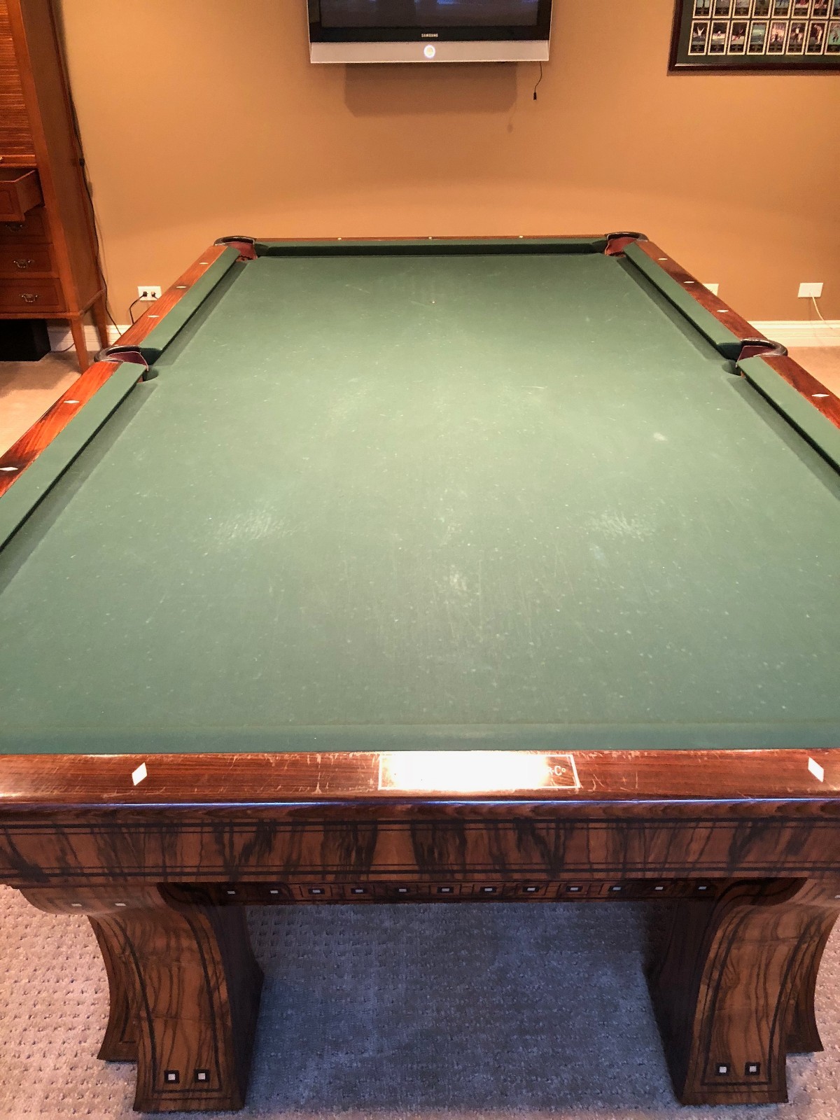 Brunswick Billiards Marquette Pool Table - Circassian Walnut and Mother of Pearl