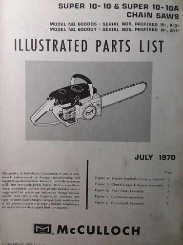 McCulloch Chain Saw Super 10-10 & 10-10A Parts Manual 2