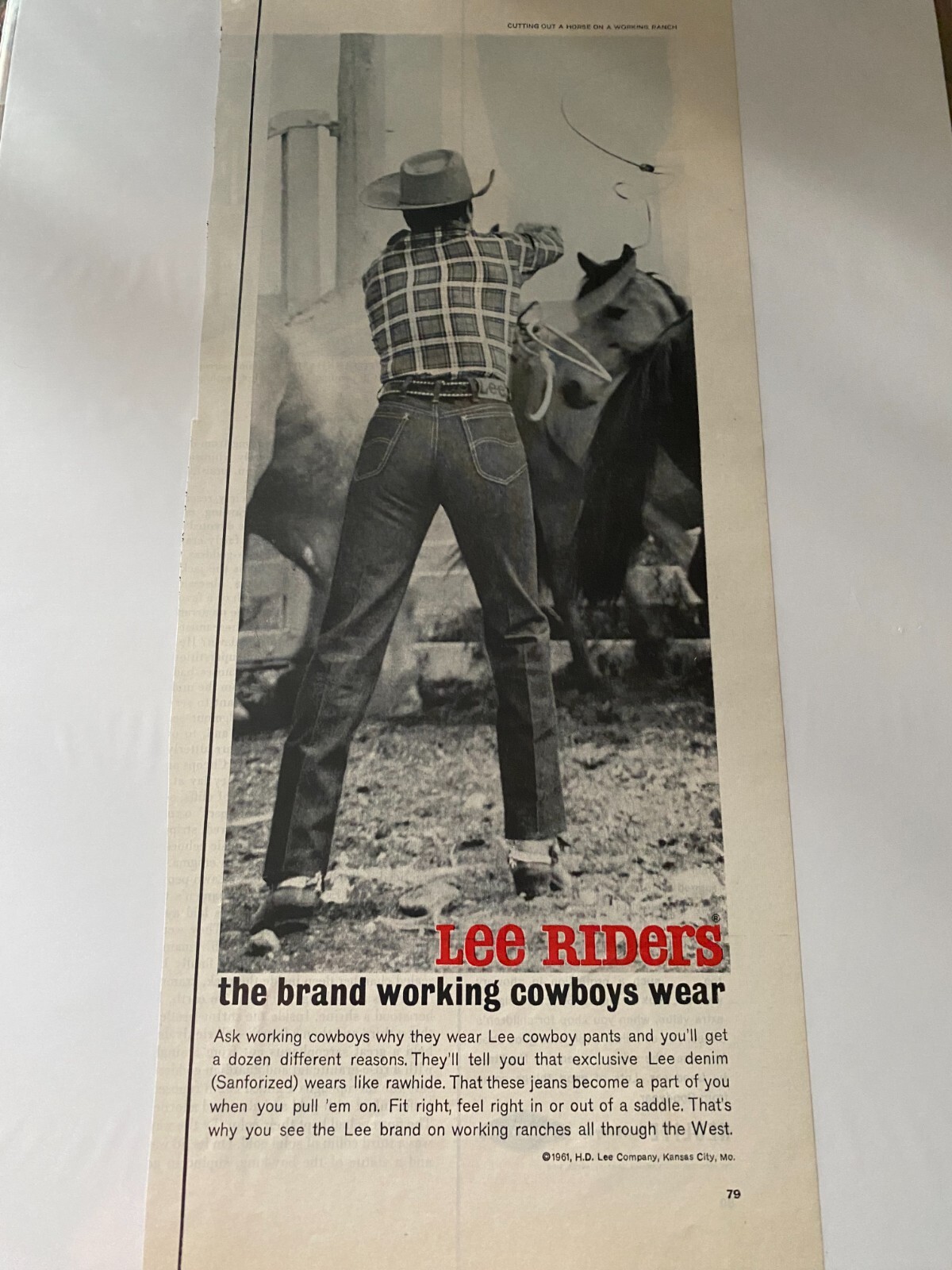 Vintage 1961 Lee Riders Blue Jeans Cowboy Working Horses ad