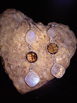 Moonstone & Smoky Quartz REAL 925 Sterling Silver Dangle Pierced Earrings - 5.8g