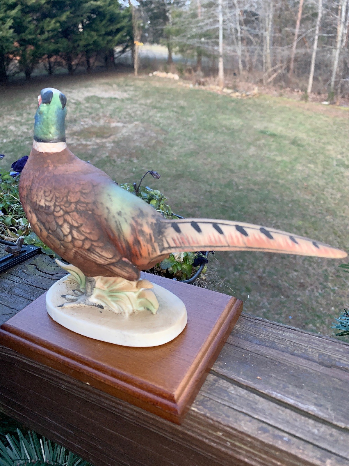 Lefton Vintage Bisque Porcelain RING TAILED PHEASANT & Wood Stand Statue 6.5 X 8