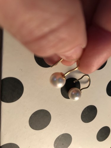 14K Yellow Gold Genuine Designer Pearl Hook Earrings Very Fine