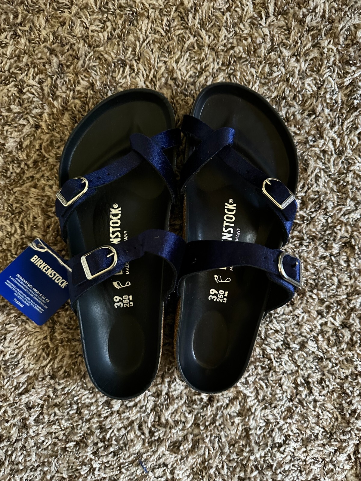 Pre-owned Birkenstock Mayari Big Buckle Velvet Sandal, Blue, Eu39 Us9-9.5, Wide Width