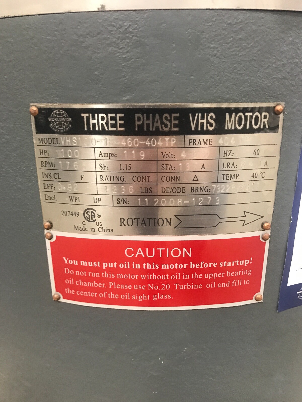 100hp WorldWide electric vertical hollow shaft motor