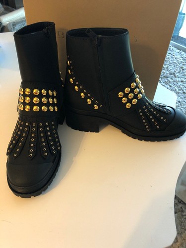Pre-owned Burberry Whitchester Black Leather Fringe Gold Studded Belted Boots 40.5/10.5 Us