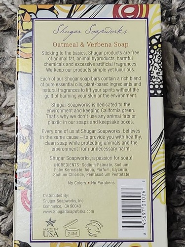 Shugar Soapworks Oatmeal & Verbena 7 Oz Bar Soap Free US Shipping