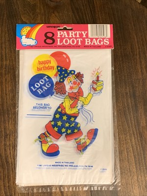 Vintage Birthday Party Loot Bags Plastic Sacks 8 Count Clown Theme-1987-Prop