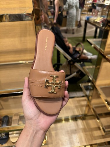 Pre-owned Tory Burch Everly Calf Leather Gold Logo Slide Sandals All Sizes Available