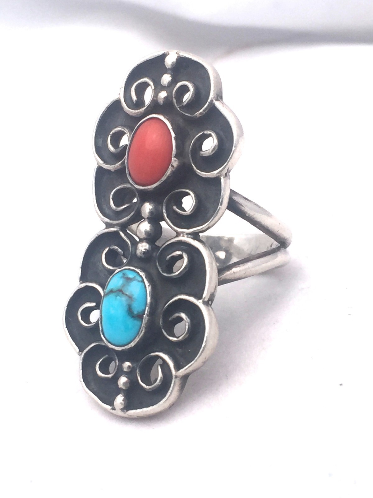 Vintage Sterling Silver Band Turquoise Coral Southwest Tribal Size 8.25 13.2g