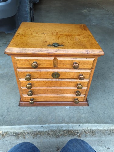 Antique 5 Drawer Spool Tool Jewelry Cabinet With Unique Locking Rod In Top Nice