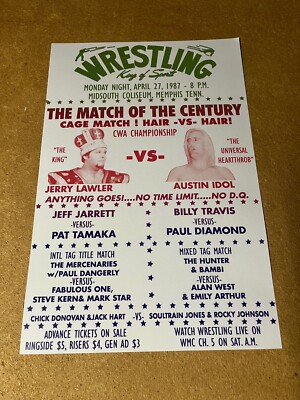 1987 Memphis Wrestling Promo Poster Jerry Lawler Austin Idol Hair Match 12''x18''