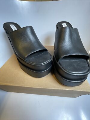 Steve Madden Cagey Black Leather Open Toe Slip On Platform Sandals 03S1017095