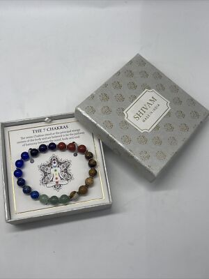 Shivam THE 7 CHAKRAS Sterling Silver  Genuine Gemstone Stretch Bracelet New