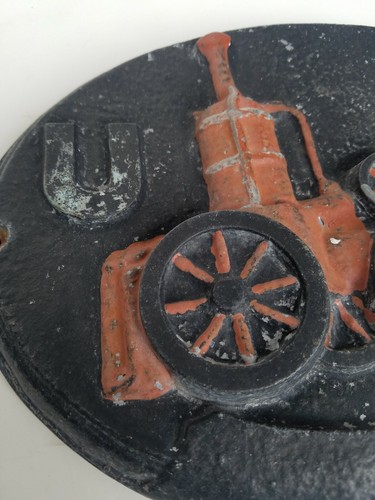 Vintage Cast Iron UF United Firefighter Insurance Steam Fire Engine Plaque Sign