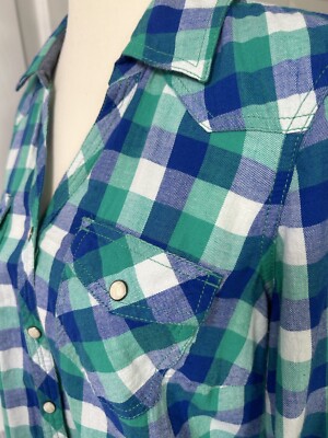 New Sonoma cotton button down checkered shirt Teal Blue White size PM B38