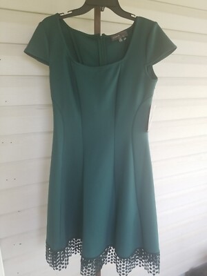 Donna Ricco Hunter Green SCUBA Dress A-Line Stretchy Crochet Hem Zip 8 NWT$148